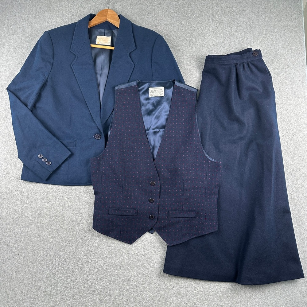 Vintage Pendleton Skirt Suit Set Women 16 Blue‎ 3-Piece Blazer Vest Skirt Wool